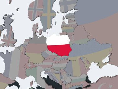 Polonya katıştırılmış bayrak ile siyasi dünya üzerinde. 3D çizim.