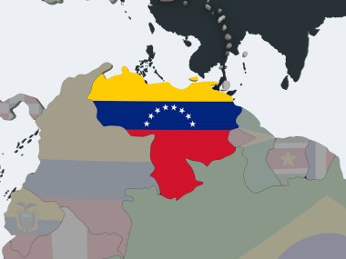 Venezuela katıştırılmış bayrak ile siyasi dünya üzerinde. 3D çizim.