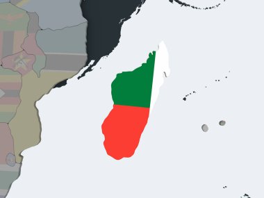 Madagaskar katıştırılmış bayrak ile siyasi dünya üzerinde. 3D çizim.