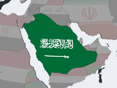 Suudi Arabistan katıştırılmış bayrak ile siyasi dünya üzerinde. 3D çizim.