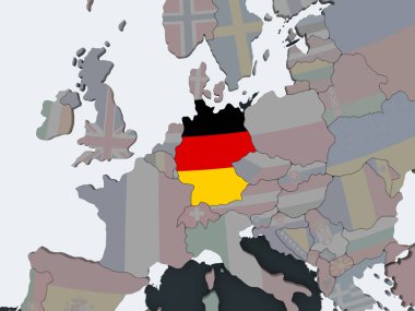 Almanya katıştırılmış bayrak ile siyasi dünya üzerinde. 3D çizim.