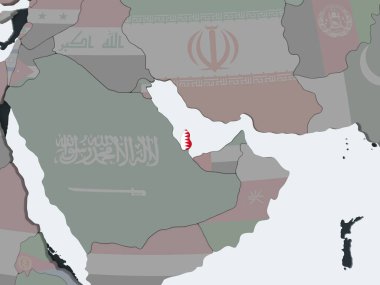 Katar katıştırılmış bayrak ile siyasi dünya üzerinde. 3D çizim.