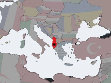 Arnavutluk katıştırılmış bayrak ile siyasi dünya üzerinde. 3D çizim.
