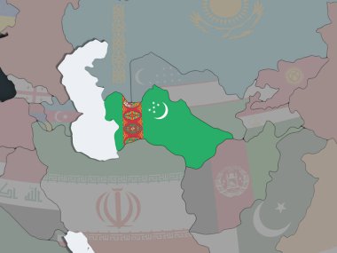 Türkmenistan katıştırılmış bayrak ile siyasi dünya üzerinde. 3D çizim.