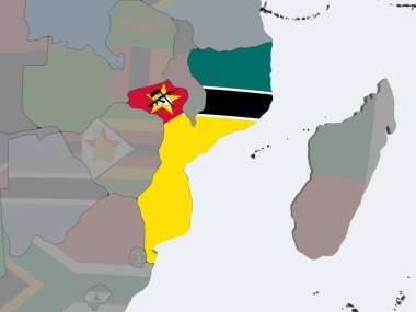Mozambik katıştırılmış bayrak ile siyasi dünya üzerinde. 3D çizim.