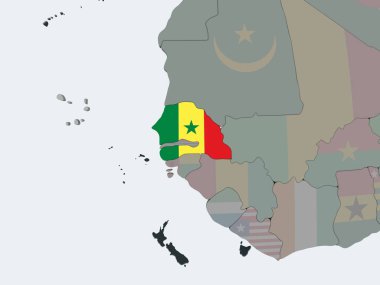 Senegal katıştırılmış bayrak ile siyasi dünya üzerinde. 3D çizim.