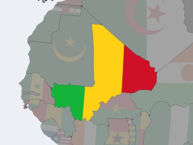 Mali katıştırılmış bayrak ile siyasi dünya üzerinde. 3D çizim.