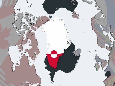 Grönland katıştırılmış bayrak ile siyasi dünya üzerinde. 3D çizim.