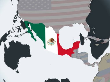 Meksika katıştırılmış bayrak ile siyasi dünya üzerinde. 3D çizim.