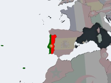 Portekiz katıştırılmış bayrak ile siyasi dünya üzerinde. 3D çizim.