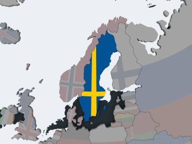 İsveç katıştırılmış bayrak ile siyasi dünya üzerinde. 3D çizim.