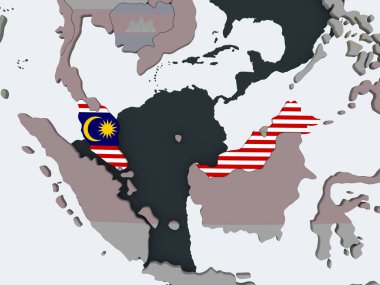 Malezya katıştırılmış bayrak ile siyasi dünya üzerinde. 3D çizim.