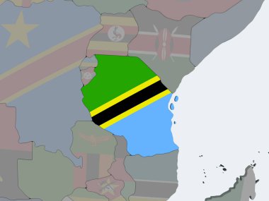 Tanzanya katıştırılmış bayrak ile siyasi dünya üzerinde. 3D çizim.