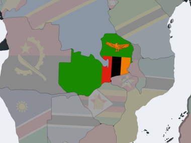 Zambiya katıştırılmış bayrak ile siyasi dünya üzerinde. 3D çizim.