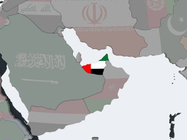 Birleşik Arap Emirlikleri katıştırılmış bayrak ile siyasi dünya üzerinde. 3D çizim.