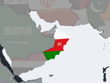 Umman katıştırılmış bayrak ile siyasi dünya üzerinde. 3D çizim.