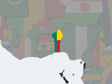 Benin katıştırılmış bayrak ile siyasi dünya üzerinde. 3D çizim.