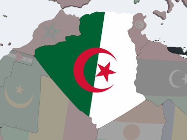 Cezayir katıştırılmış bayrak ile siyasi dünya üzerinde. 3D çizim.