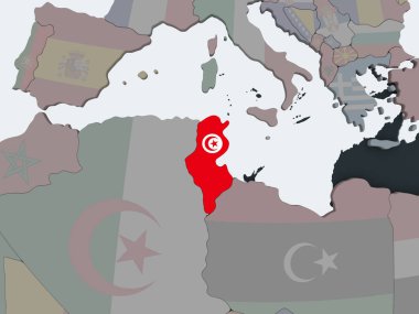 Tunus katıştırılmış bayrak ile siyasi dünya üzerinde. 3D çizim.