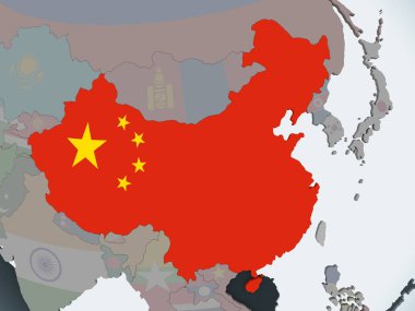 Çin katıştırılmış bayrak ile siyasi dünya üzerinde. 3D çizim.