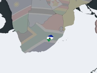 Lesotho katıştırılmış bayrak ile siyasi dünya üzerinde. 3D çizim.