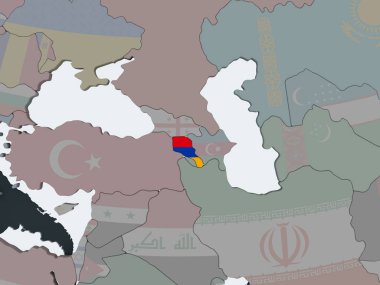 Ermenistan katıştırılmış bayrak ile siyasi dünya üzerinde. 3D çizim.