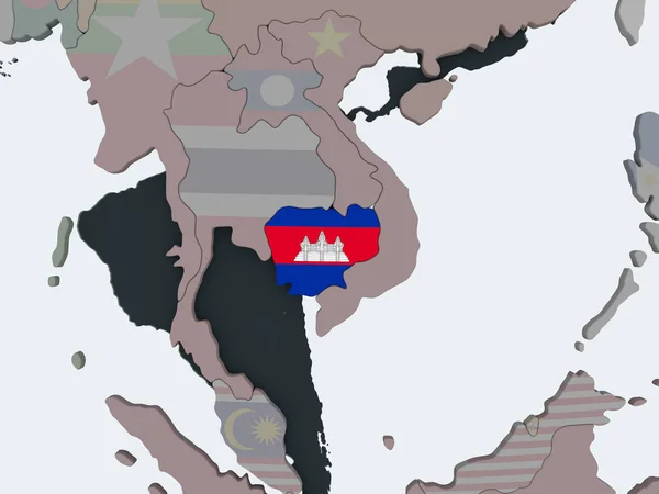 Камбоджа Політичні Глобусом Допомогою Вбудованих Прапор Ілюстрація — стокове фото