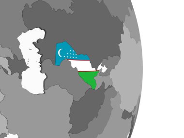 Özbekistan katıştırılmış bayrak ile gri siyasi dünya üzerinde. 3D çizim.