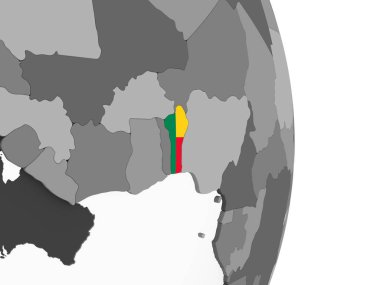 Benin katıştırılmış bayrak ile gri siyasi dünya üzerinde. 3D çizim.