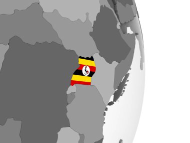 Uganda katıştırılmış bayrak ile gri siyasi dünya üzerinde. 3D çizim.