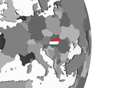 Macaristan katıştırılmış bayrak ile gri siyasi dünya üzerinde. 3D çizim.