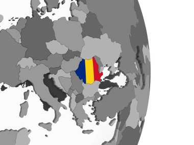 Romanya katıştırılmış bayrak ile gri siyasi dünya üzerinde. 3D çizim.