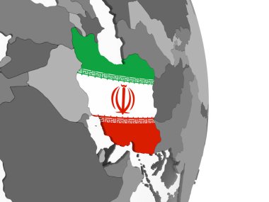 Iran katıştırılmış bayrak ile gri siyasi dünya üzerinde. 3D çizim.