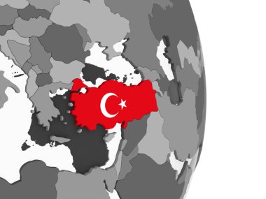 Türkiye katıştırılmış bayrak ile gri siyasi dünya üzerinde. 3D çizim.