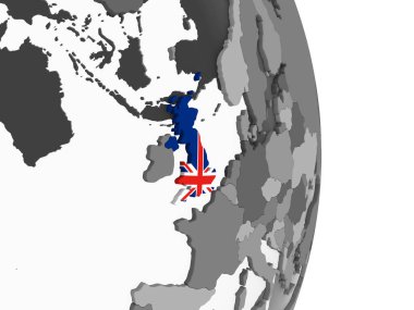 Katıştırılmış bayrak ile gri siyasi dünya üzerinde İngiltere. 3D çizim.