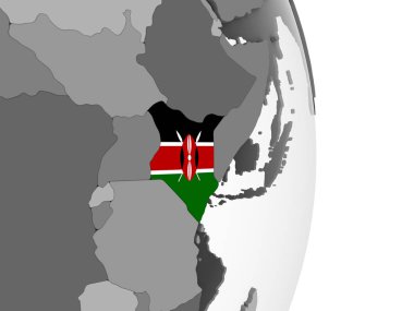 Kenya katıştırılmış bayrak ile gri siyasi dünya üzerinde. 3D çizim.