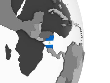 Nikaragua katıştırılmış bayrak ile gri siyasi dünya üzerinde. 3D çizim.
