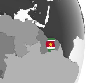 Surinam katıştırılmış bayrak ile gri siyasi dünya üzerinde. 3D çizim.