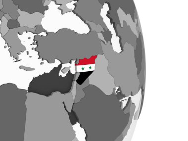 Suriye katıştırılmış bayrak ile gri siyasi dünya üzerinde. 3D çizim.