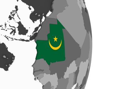 Moritanya katıştırılmış bayrak ile gri siyasi dünya üzerinde. 3D çizim.