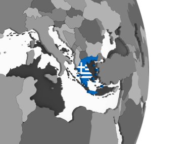 Yunanistan katıştırılmış bayrak ile gri siyasi dünya üzerinde. 3D çizim.