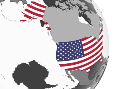 ABD katıştırılmış bayrak ile gri siyasi dünya üzerinde. 3D çizim.