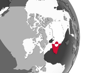 Grönland katıştırılmış bayrak ile gri siyasi dünya üzerinde. 3D çizim.
