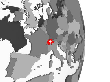 İsviçre katıştırılmış bayrak ile gri siyasi dünya üzerinde. 3D çizim.