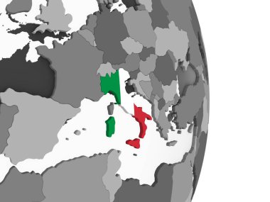 İtalya katıştırılmış bayrak ile gri siyasi dünya üzerinde. 3D çizim.