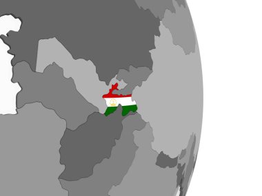 Tacikistan katıştırılmış bayrak ile gri siyasi dünya üzerinde. 3D çizim.