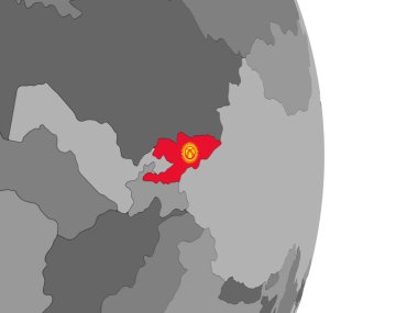 Kırgızistan katıştırılmış bayrak ile gri siyasi dünya üzerinde. 3D çizim.