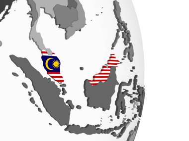 Malezya katıştırılmış bayrak ile gri siyasi dünya üzerinde. 3D çizim.