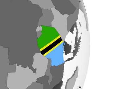 Tanzanya katıştırılmış bayrak ile gri siyasi dünya üzerinde. 3D çizim.