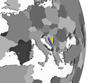 Bosna ve Hersek katıştırılmış bayrak ile gri siyasi dünya üzerinde. 3D çizim.